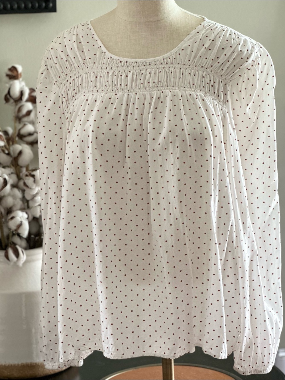LOFT Blouse in Ivory with Copper Polka Dots -XL